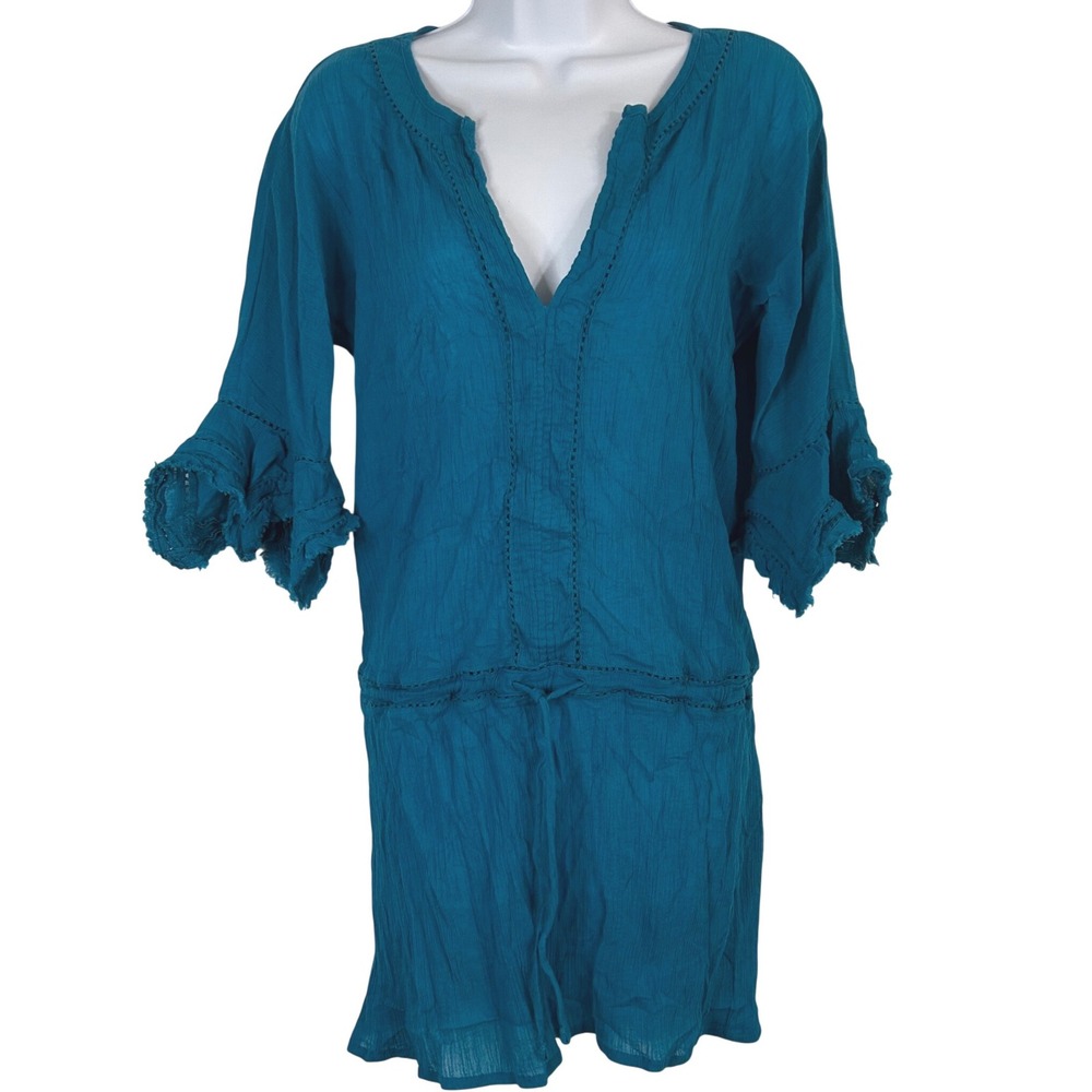 Vix Paula Hermanny Women's M Gauze Ruffle Sleeve Mini Dress Coverup Teal Boho